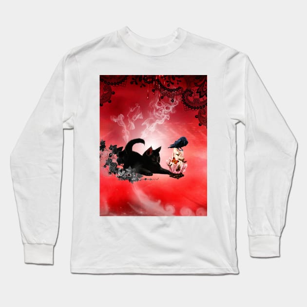 Cute playing cat and crow Long Sleeve T-Shirt by Nicky2342